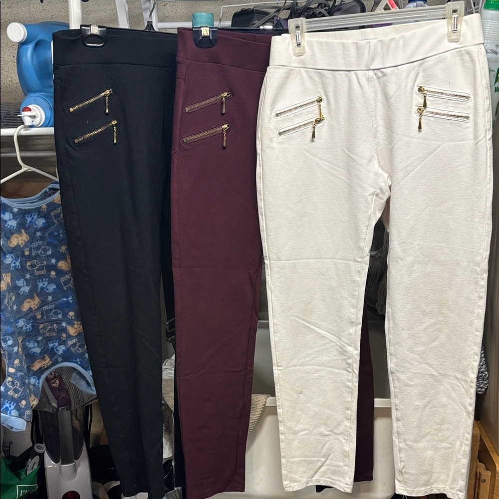 Skinny Ponte Pants with Decorative Zippers - Black, Burgundy, White